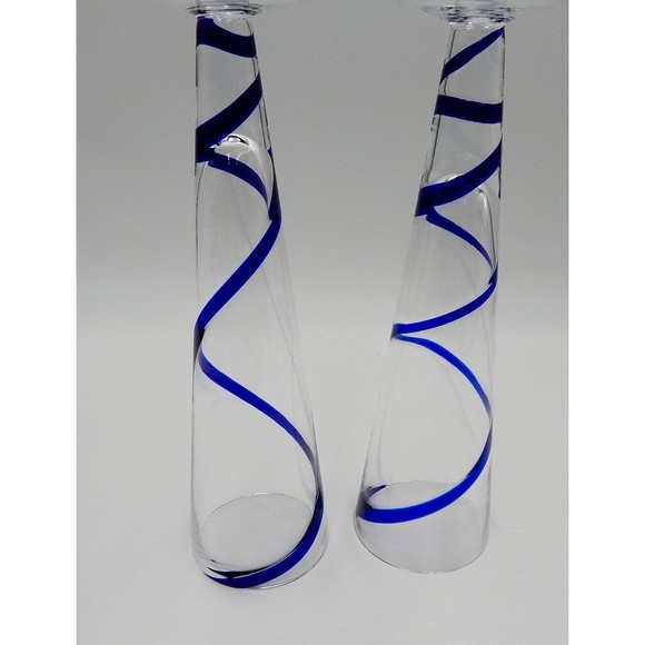 Pier 1 One Cobalt Blue SWIRLINE Pilsner Beer 10” Tall Swirl Glass Pair Handblown - Picture 5 of 7